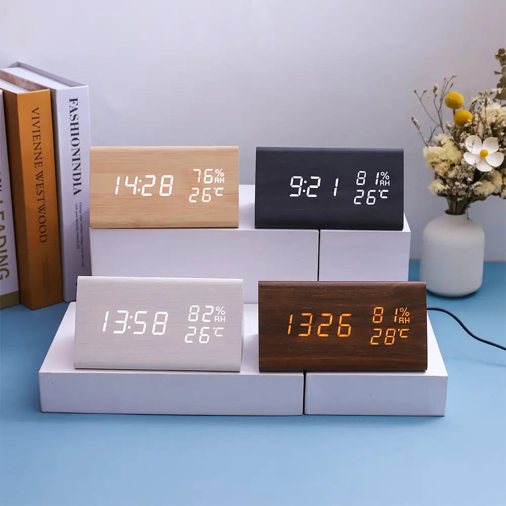 Electronic Alarm Clock Multifunctional Digital Display Temperature And Humidity Time Wood AliExpress
