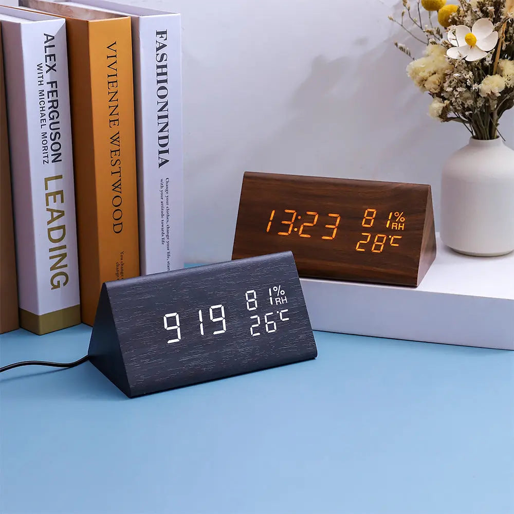 Electronic Alarm Clock Multifunctional Digital Display Temperature And Humidity Time Wood AliExpress