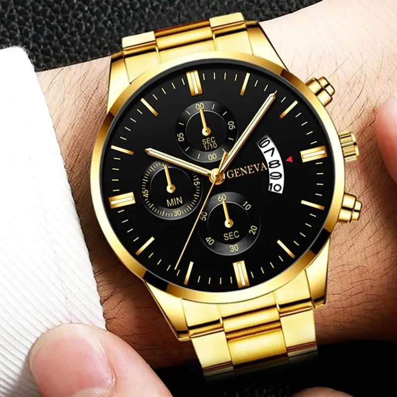 2023 Fashion Men Gold Stainless Steel Watch Luxury Calendar Quartz AliExpress
