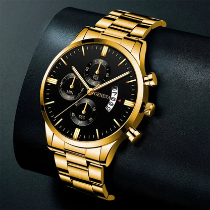 2023 Fashion Men Gold Stainless Steel Watch Luxury Calendar Quartz AliExpress