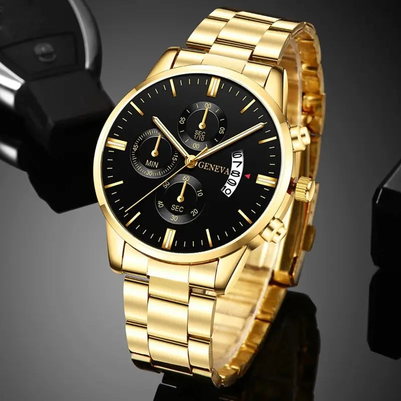 2023 Fashion Men Gold Stainless Steel Watch Luxury Calendar Quartz AliExpress