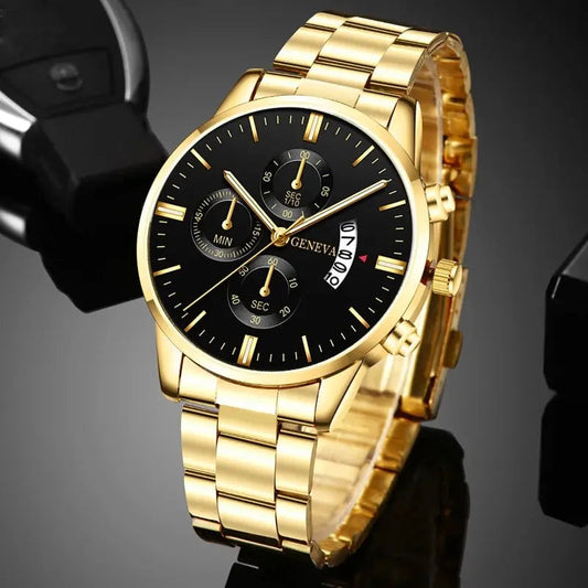 2023 Fashion Men Gold Stainless Steel Watch Luxury Calendar Quartz AliExpress