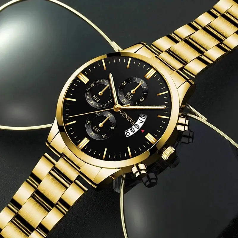 2023 Fashion Men Gold Stainless Steel Watch Luxury Calendar Quartz AliExpress