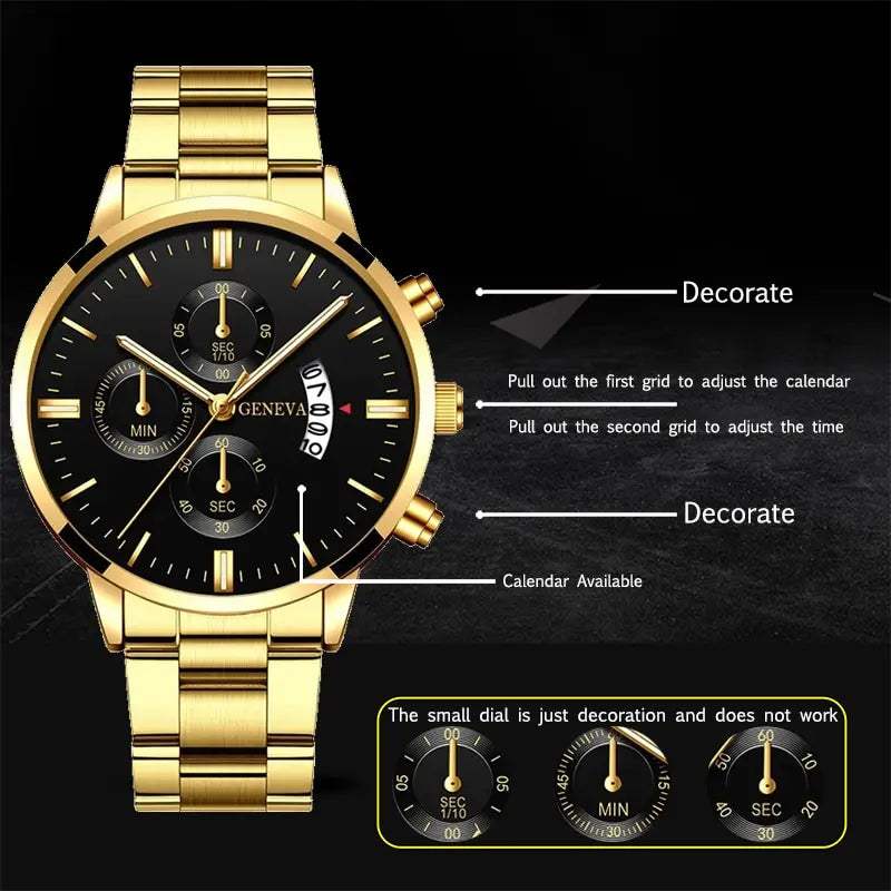 2023 Fashion Men Gold Stainless Steel Watch Luxury Calendar Quartz AliExpress
