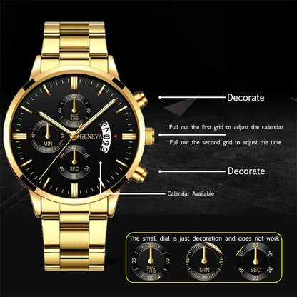2023 Fashion Men Gold Stainless Steel Watch Luxury Calendar Quartz AliExpress