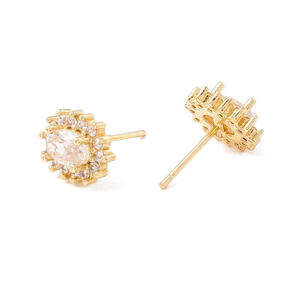 18K Gold Stud Earrings with Clear Oval Cubic Zirconia Apricot Perses