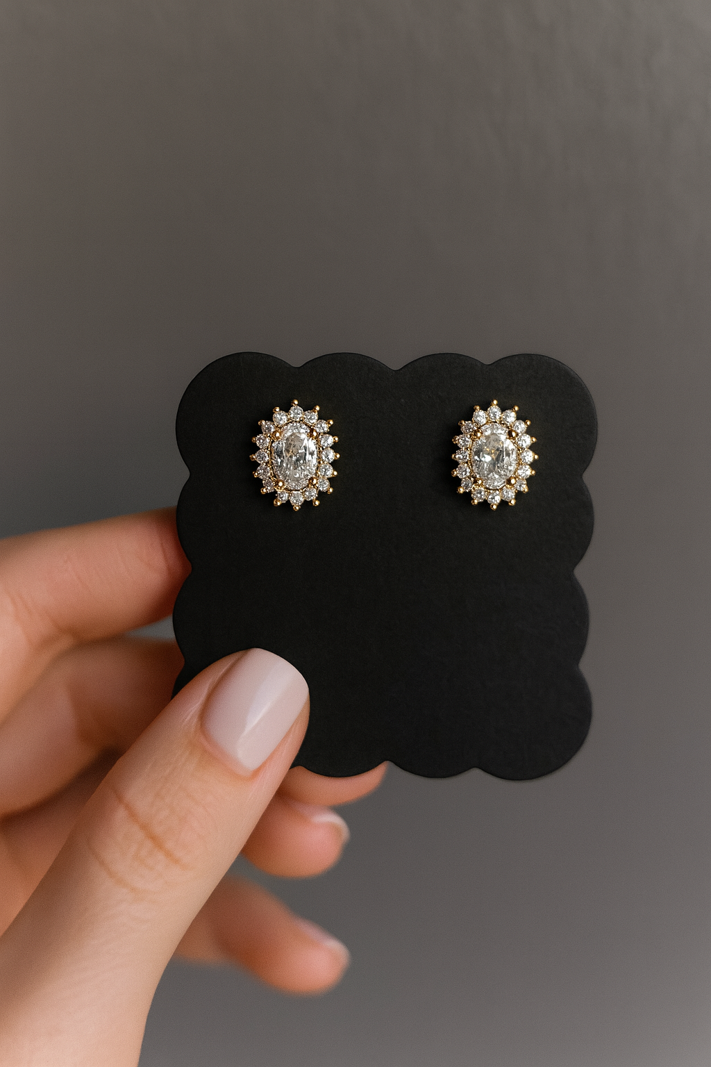 18K Gold Stud Earrings with Clear Oval Cubic Zirconia Apricot Perses