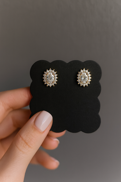 18K Gold Stud Earrings with Clear Oval Cubic Zirconia Apricot Perses