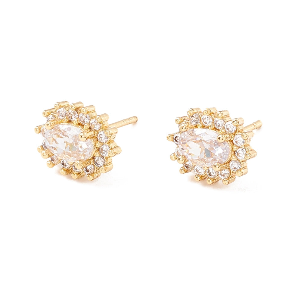 18K Gold Stud Earrings with Clear Oval Cubic Zirconia Apricot Perses