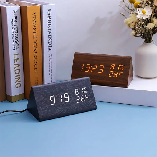 Electronic Alarm Clock Multifunctional Digital Display Temperature And Humidity Time Wood AliExpress