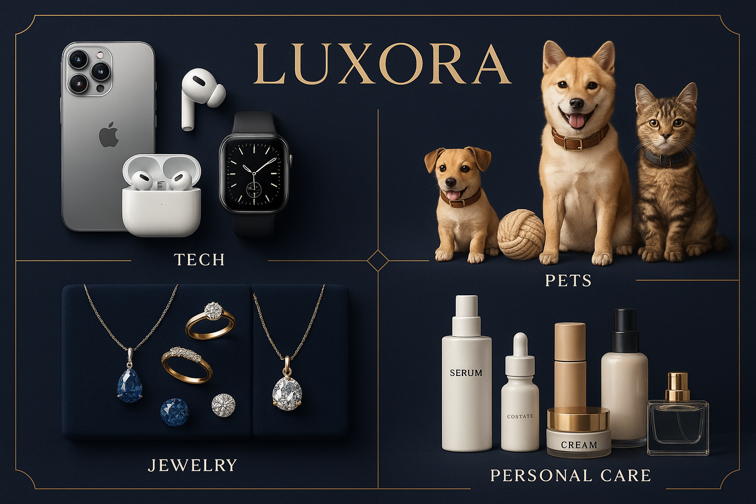 sera una tienda con varias coleciones esas colecciones estsran dividadas en tecnoligia y gadgets, mascotas, joyeria y cuidados personal has una imagen que quede perfecto 